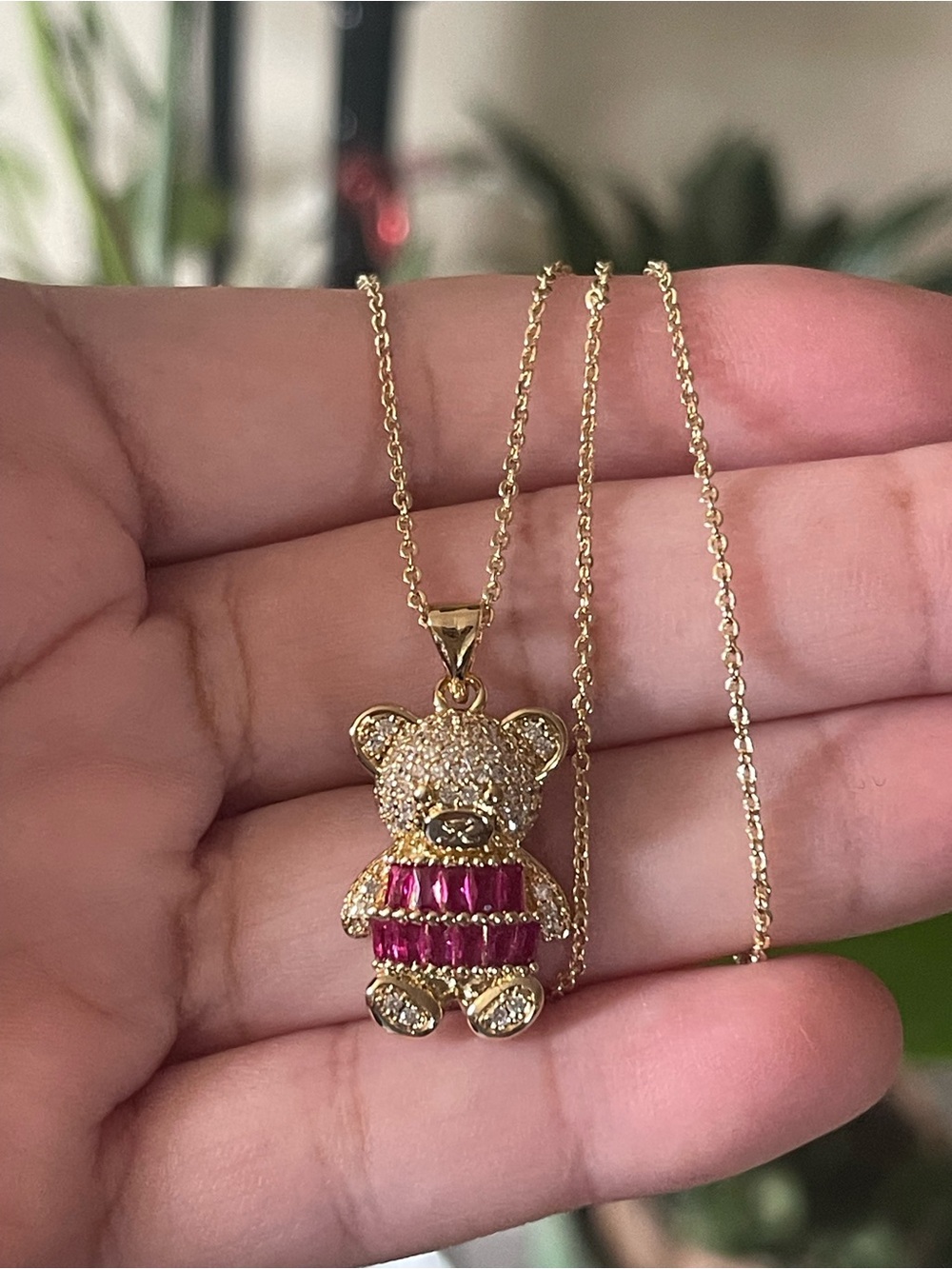 Gold Teddy Bear Pendant Necklace with Fuchsia Stones